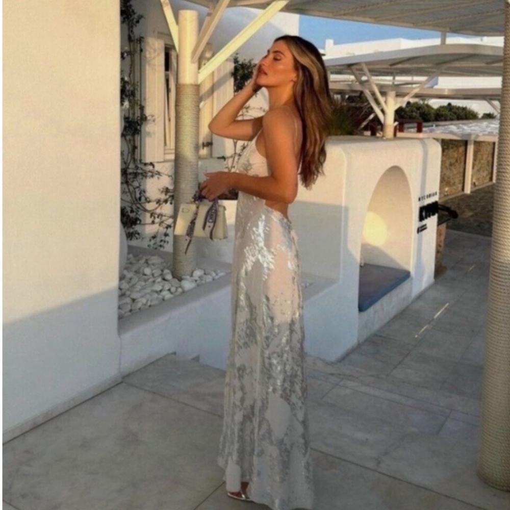 Zara XS foil silver slip open back dress